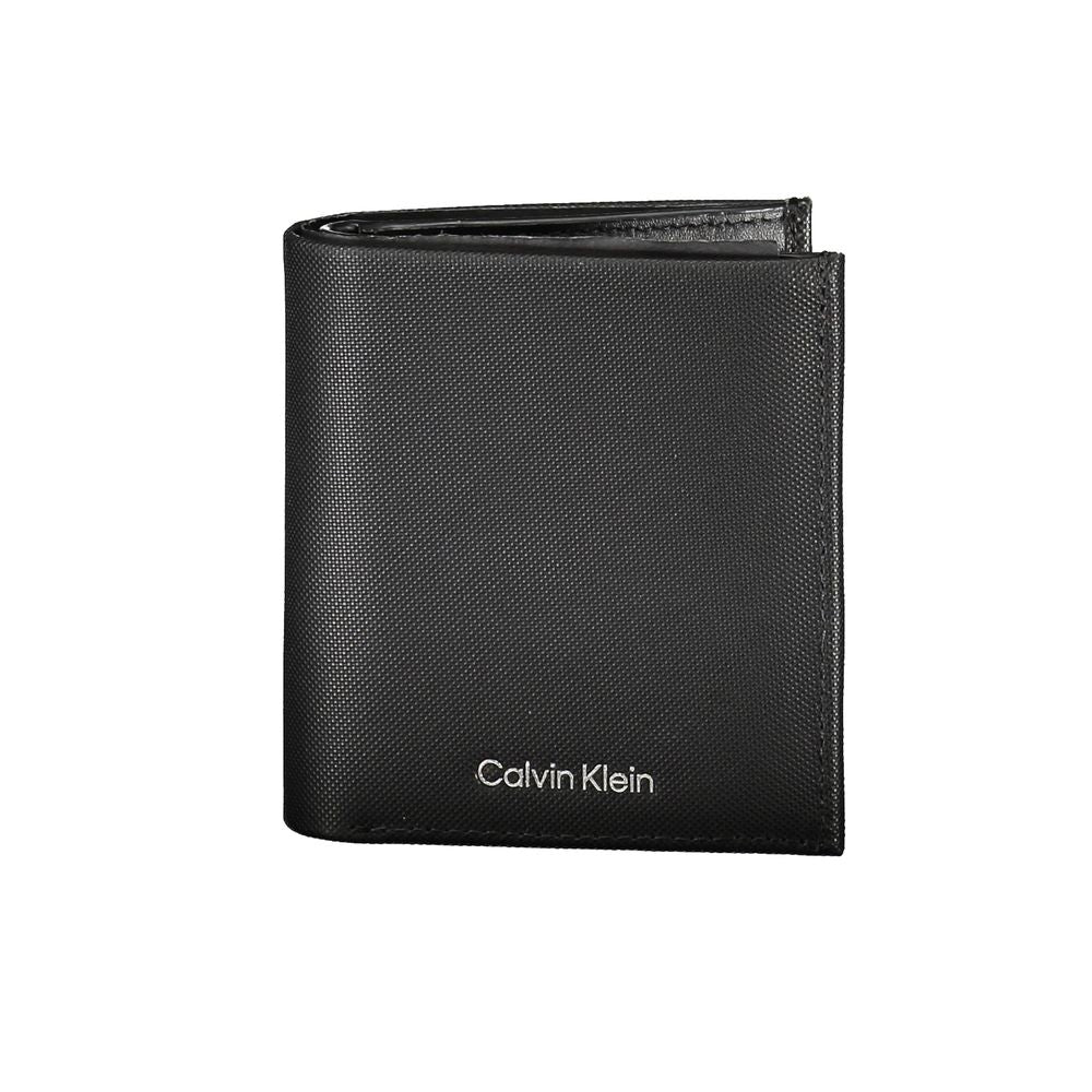 Calvin Klein sleek black leather bi-fold wallet with RFID block, featuring ample card space and coin purse, showcasing elegance and security.