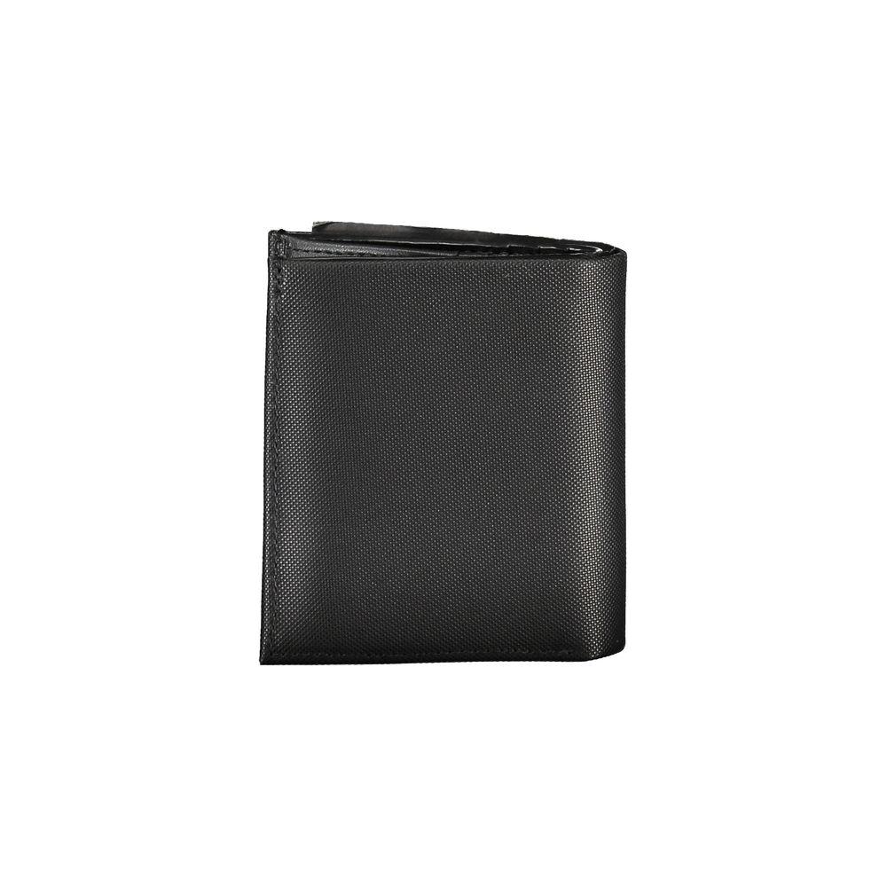 Calvin Klein black leather bi-fold wallet with RFID block, featuring card slots and coin purse, sleek and secure design.