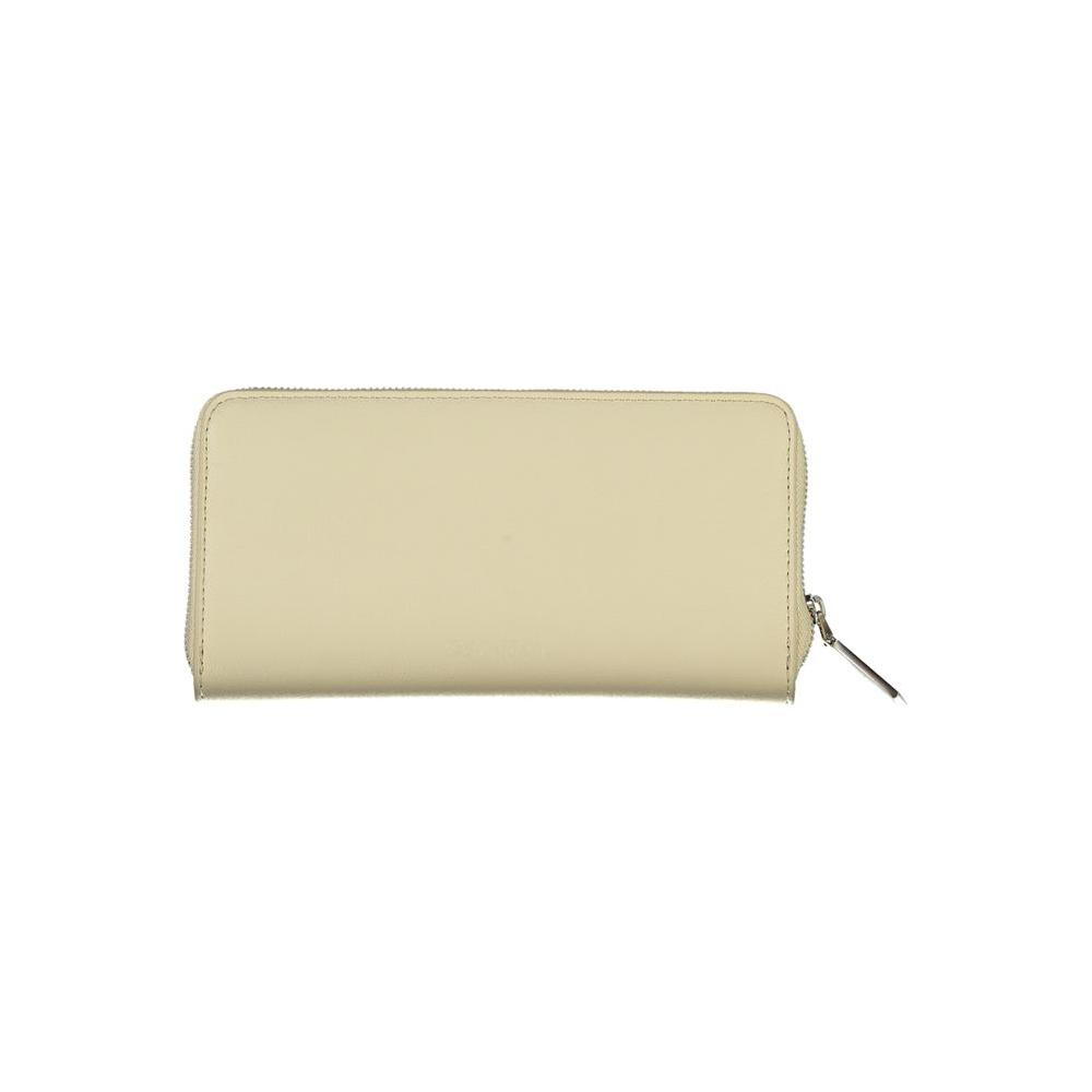 Calvin Klein beige zip wallet with RFID blocking, featuring durable polyester and polyethylene for modern style and security.