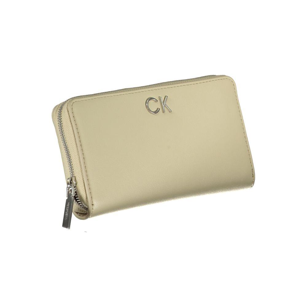 Calvin Klein beige zip wallet with RFID blocking, CK logo, and durable polyester blend for stylish security.