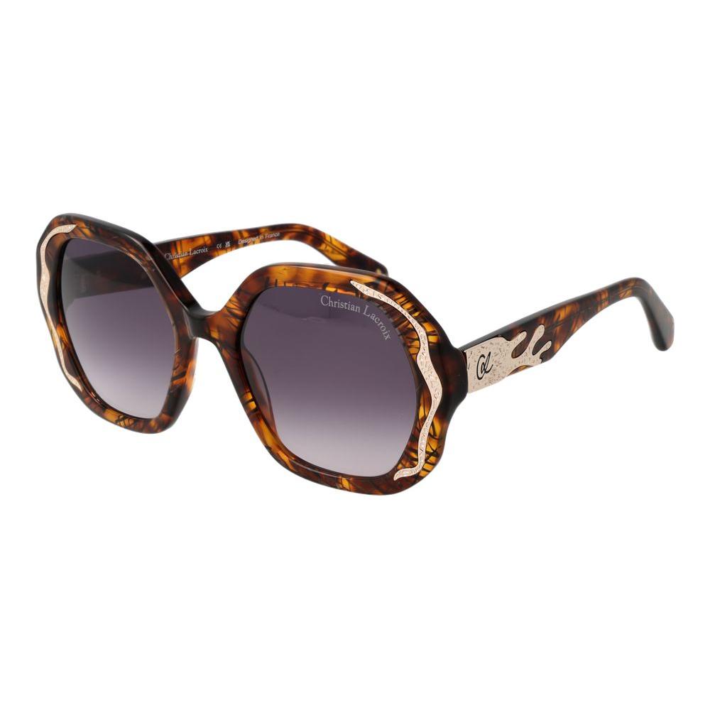Christian Lacroix brown acetate women's sunglasses with square gradient grey lenses, full-rim design, 100% UVA & UVB protection.