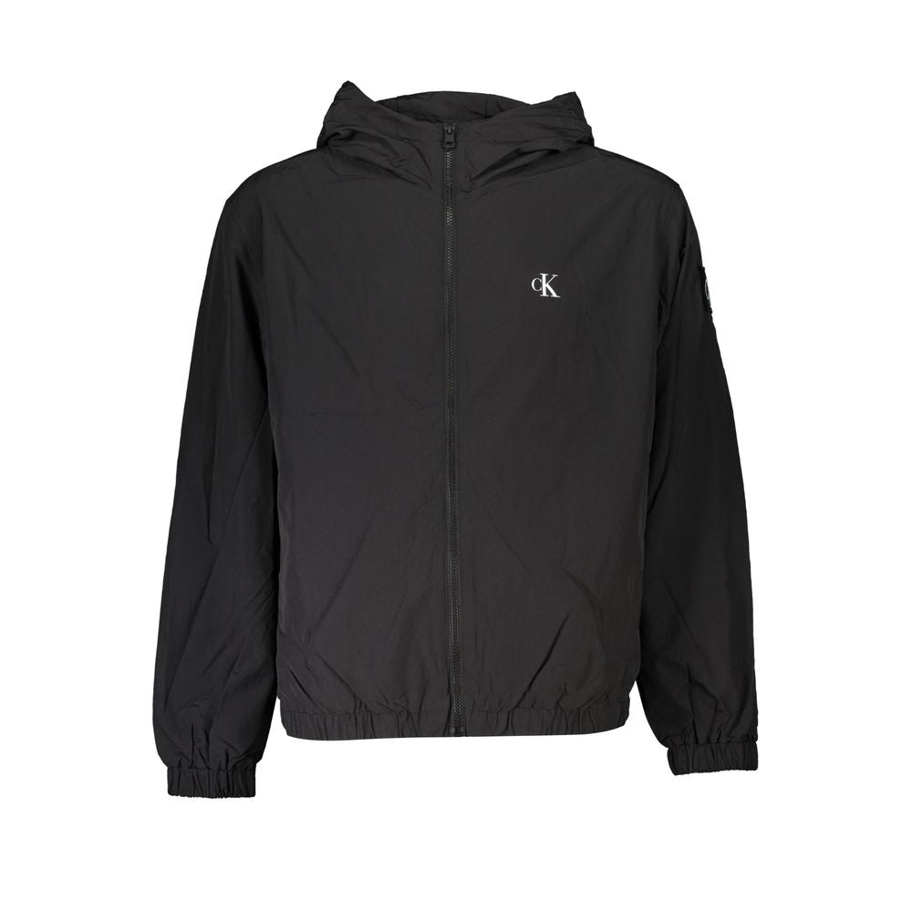 Calvin Klein Sleek Long Sleeve Hooded Sports Jacket with zip-up design, CK logo, and versatile pockets in black.
