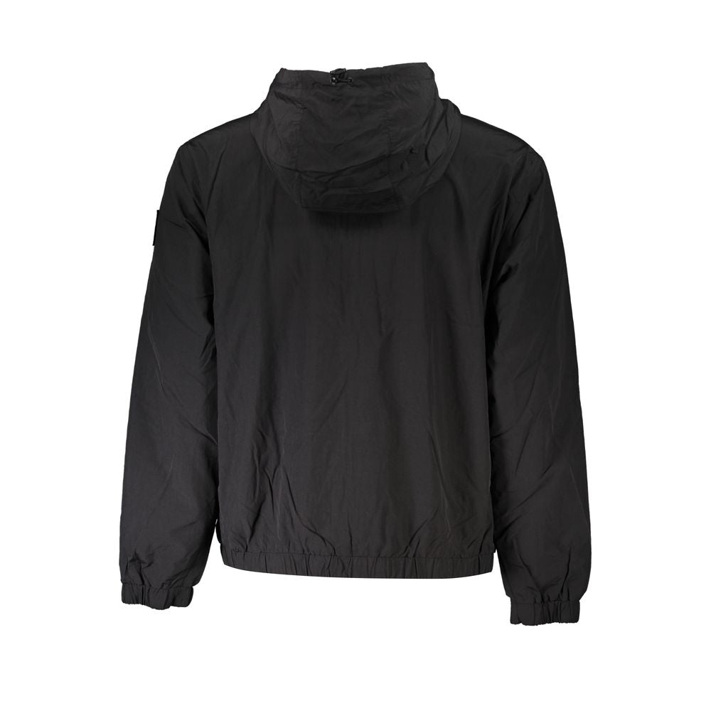 Calvin Klein black hooded sports jacket with long sleeves, versatile design, and secure zip-up style, back view.