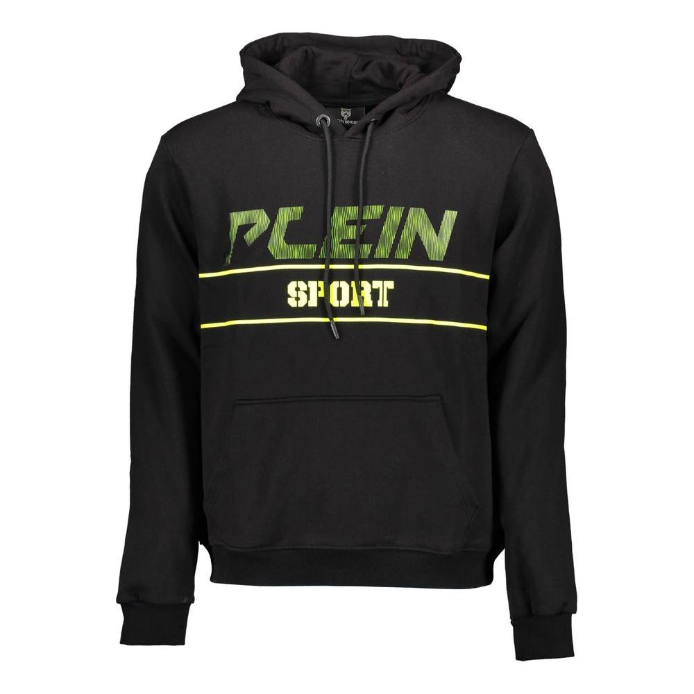 Plein Sport Black Cotton Men's Sweater with Hood, contrasting details and bold logo print, perfect for luxury and comfort.