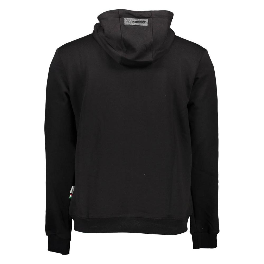 Plein Sport black cotton men's sweater with hood, back view showing minimalistic design, crafted for a sporty-chic look.