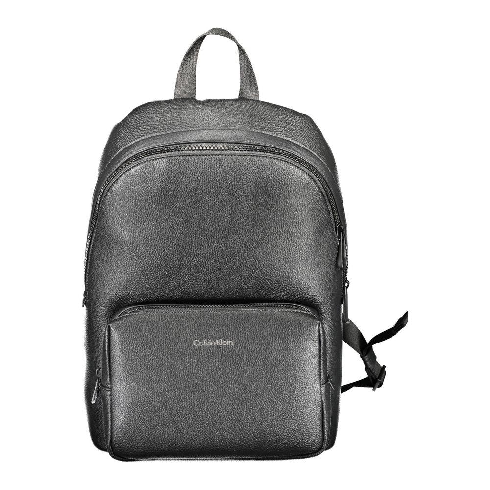 Calvin Klein black polyethylene men's backpack with external pocket, minimalist design, adjustable straps, laptop space.