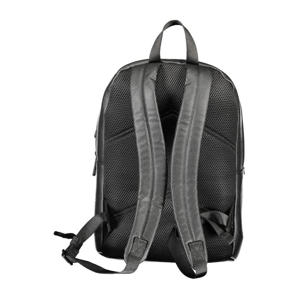 Rear view of Calvin Klein black polyethylene men backpack showcasing padded adjustable shoulder straps.