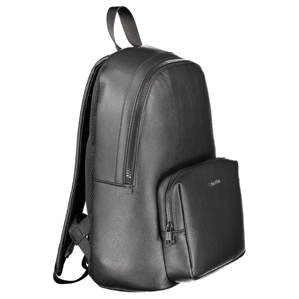 Calvin Klein black polyethylene men's backpack with a minimal design, featuring an external pocket, adjustable straps, and laptop space.