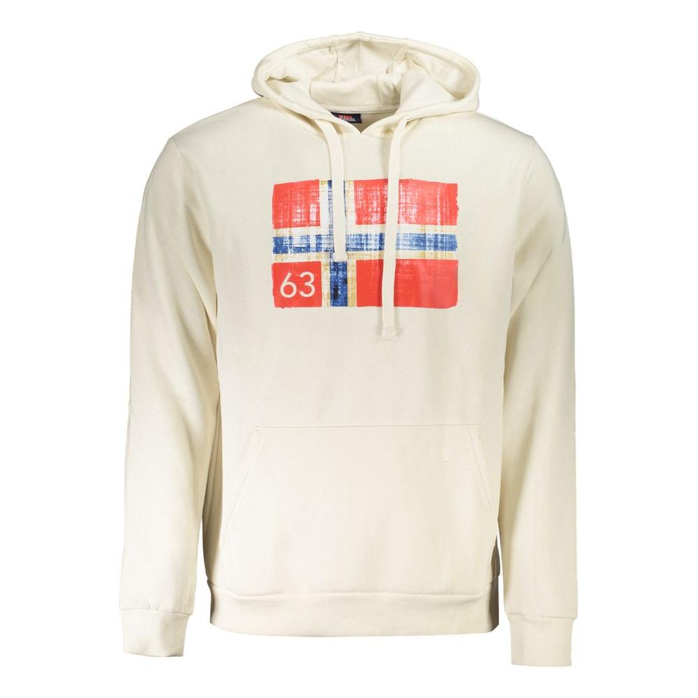 Norway 1963 white cotton men sweater with hood and red graphic, combining comfort with style, featuring a central pocket for functionality.