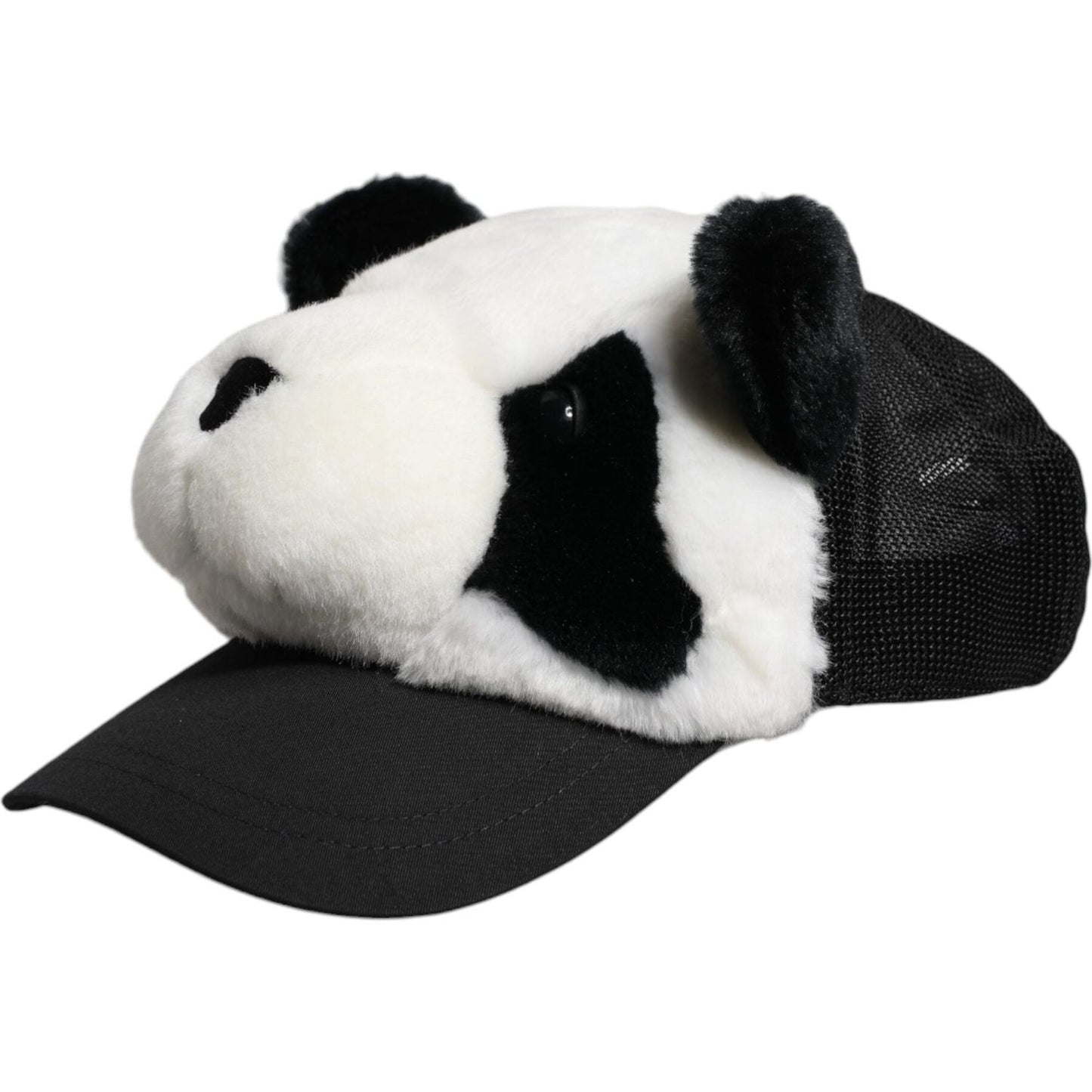Dolce & Gabbana women's black and white panda fur baseball cap with logo details, made in Italy, stylish accessory.