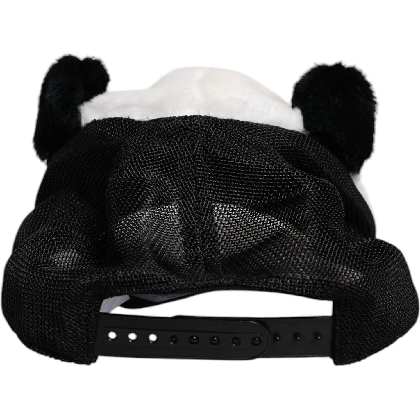 Back view of Dolce & Gabbana black and white panda fur women's baseball cap, featuring adjustable strap and ear details.
