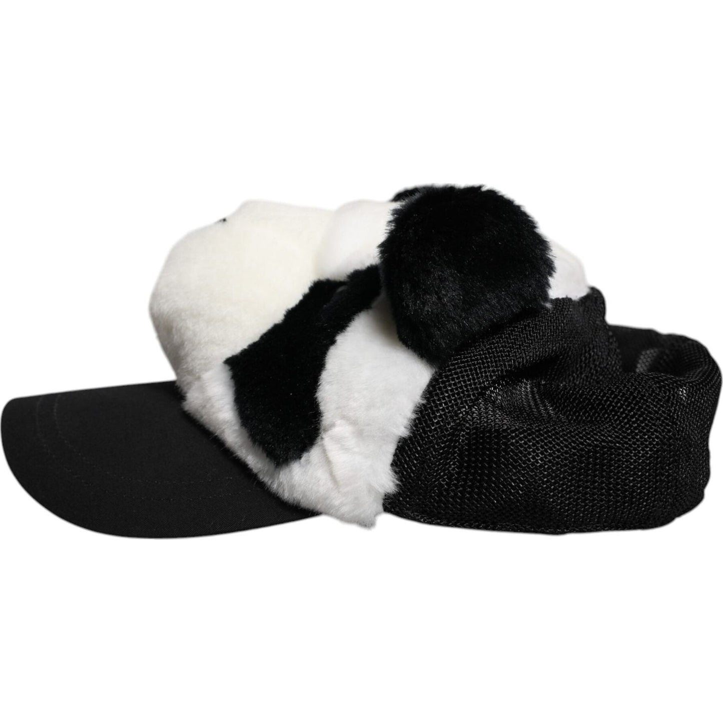 Dolce & Gabbana black and white panda fur women’s baseball cap, made of modacrylic and polyester with logo details, side view.