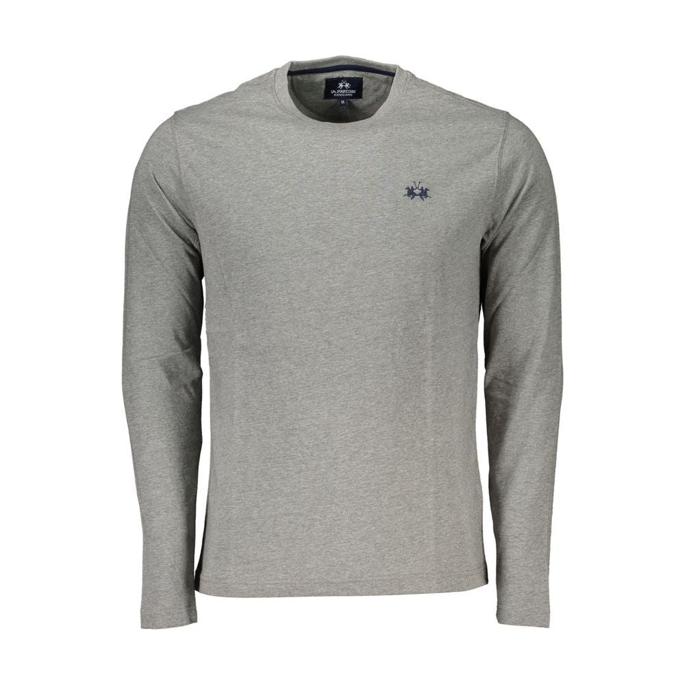 La Martina gray long-sleeved crew neck tee with embroidery, 100% cotton, sophisticated casual wear for men, elegant design, regular fit