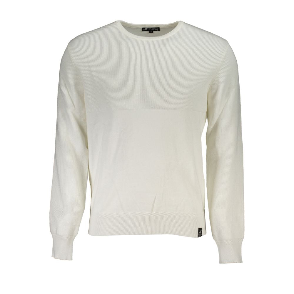 White U.S. Grand Polo crew neck sweater with contrast details and signature logo, 80% viscose and 20% nylon blend, ideal for layering.