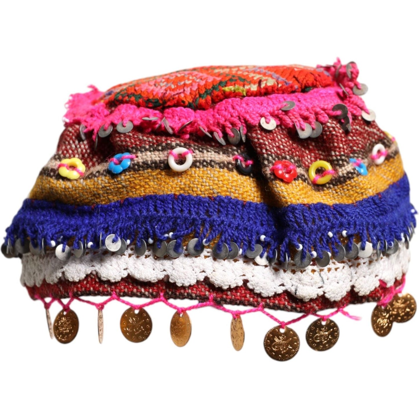 Dolce & Gabbana multicolor floral sequin knitted embellished beanie hat, 100% silk, made in Italy, vibrant design.