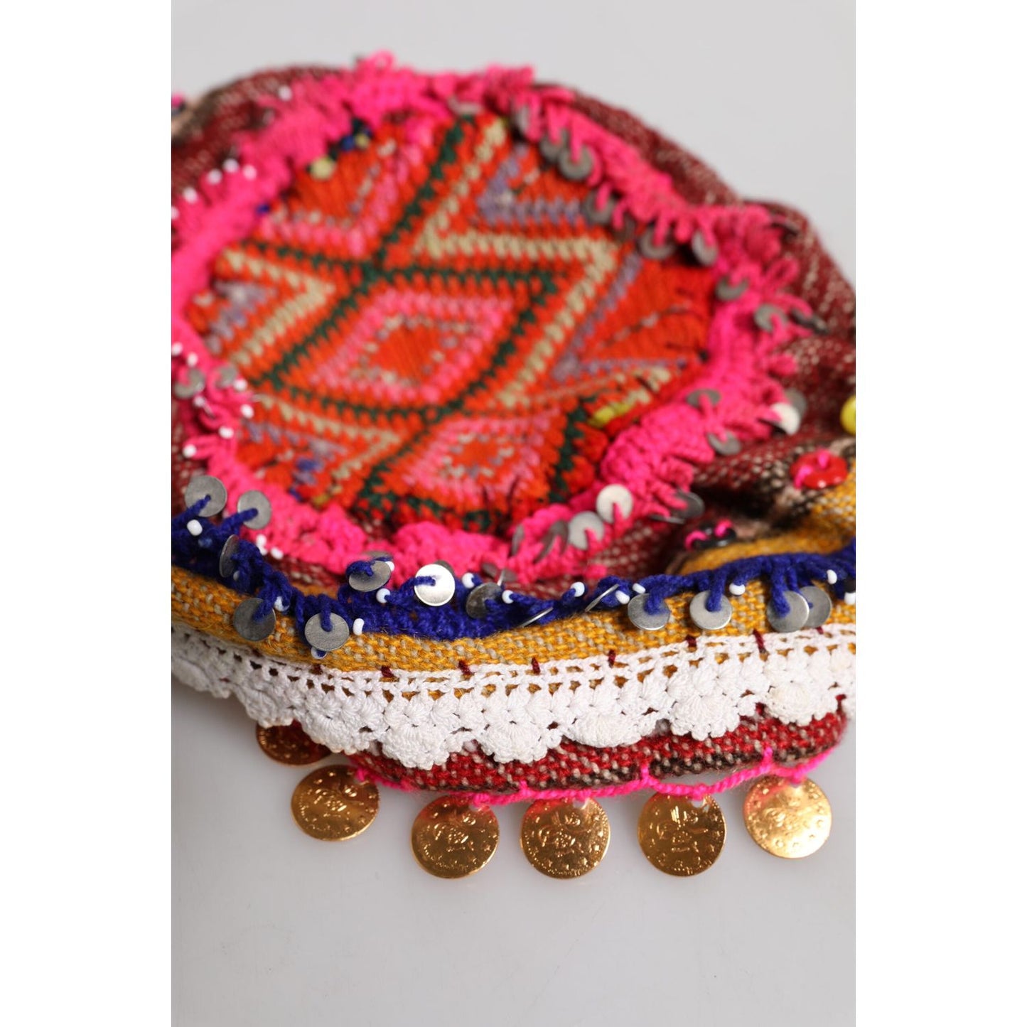 Dolce & Gabbana multicolor floral sequin knitted embellished hat with silk material, logo details, and coin fringe accents.