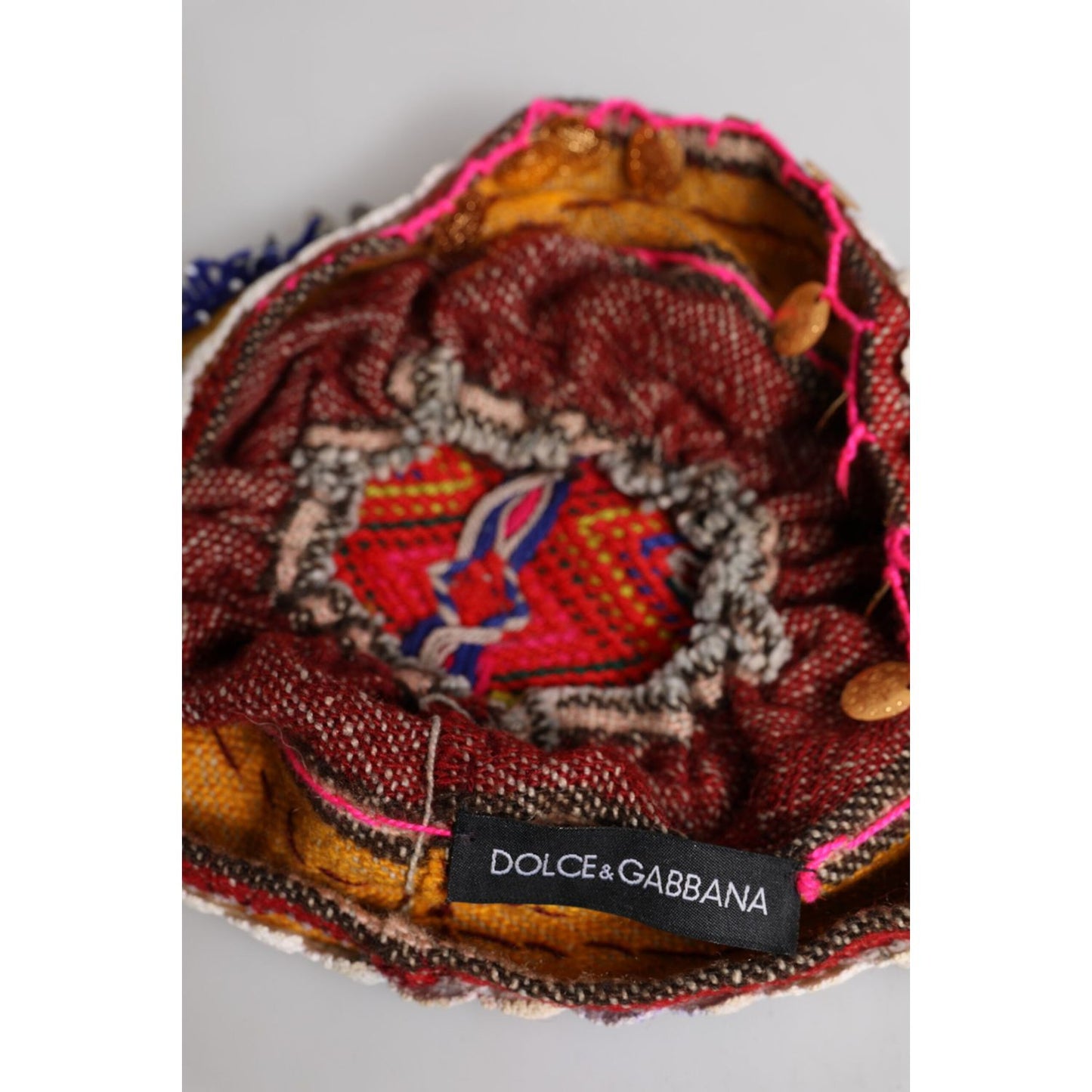 Dolce & Gabbana multicolor floral sequin knitted hat with logo, 100% silk, made in Italy.