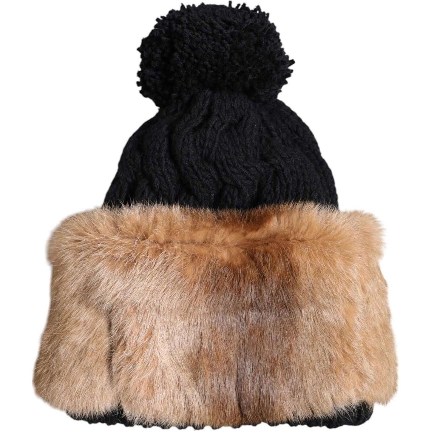 Dolce & Gabbana black brown real fur beanie hat, made of virgin wool, featuring dyed rabbit fur, winter fashion accessory, Italy made.