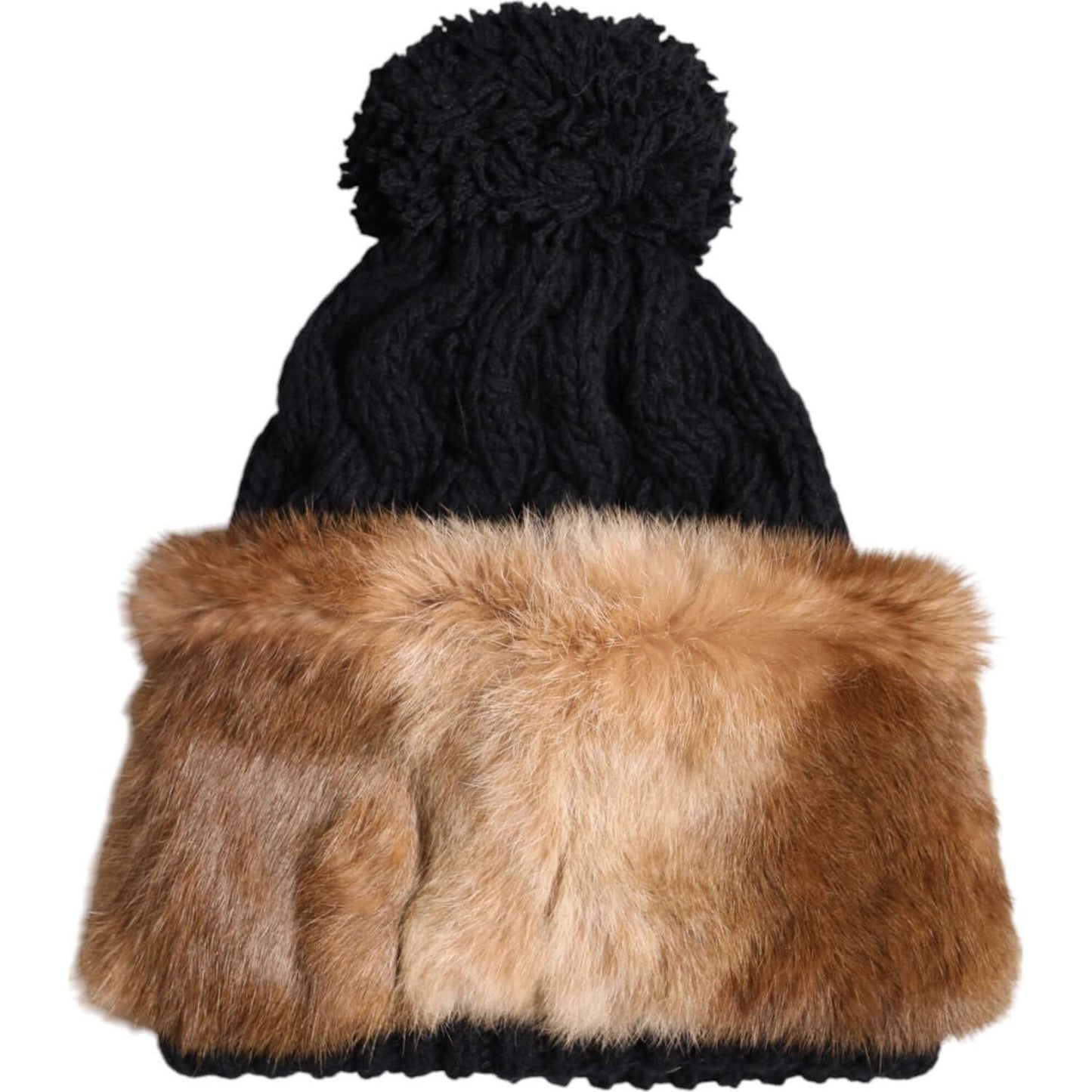 Dolce & Gabbana Black Brown Beanie Hat with Dyed Rabbit Fur Trim, Virgin Wool, Made in Italy.