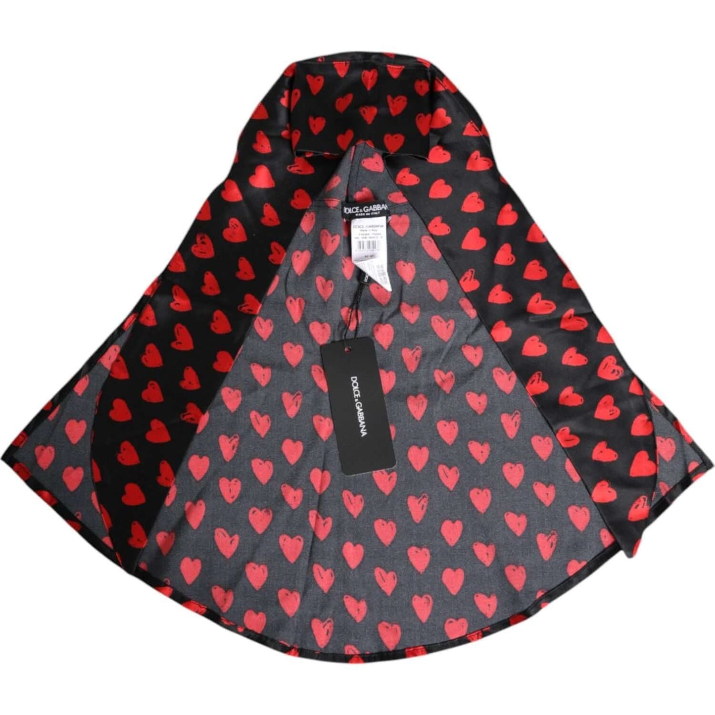 Dolce & Gabbana black sun hat with red heart pattern, 100% polyester, women's fashion accessory, made in Italy.
