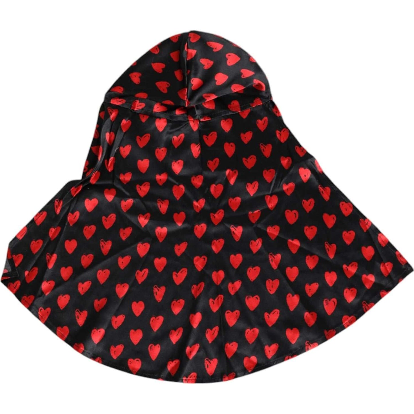 Dolce & Gabbana black sun hat with red heart pattern, made of 100% polyester, featuring logo details, Italian design.
