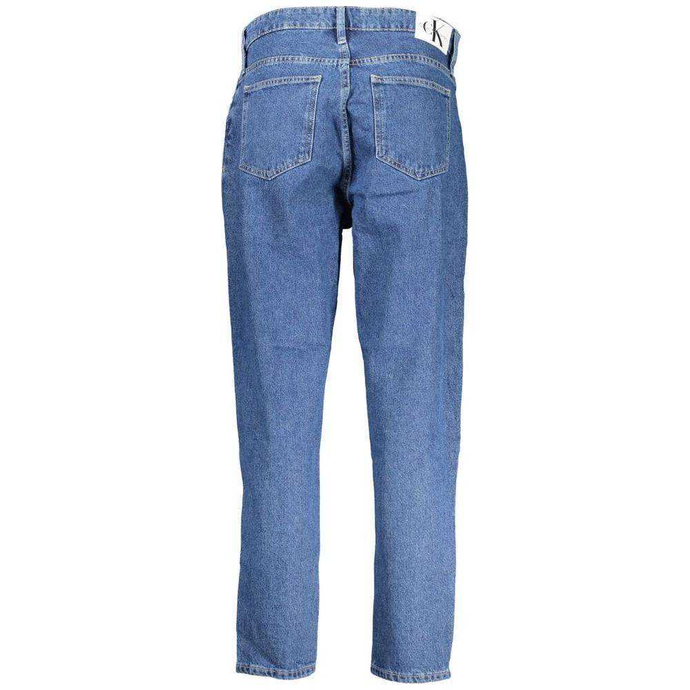 Back view of Calvin Klein blue cotton women's jeans featuring classic design and iconic logo.