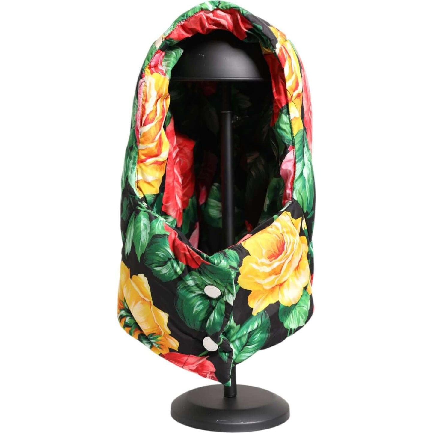 Dolce & Gabbana multicolor floral print head wrap hat on display stand, 100% polyester, made in Italy.