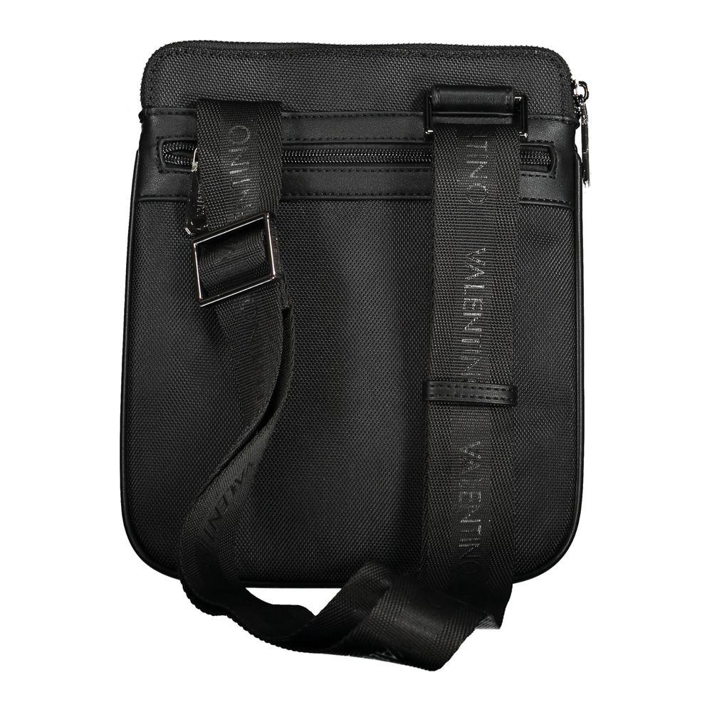 Valentino black polyester shoulder bag with adjustable strap, featuring two external and internal pockets, zip closure, and logo.