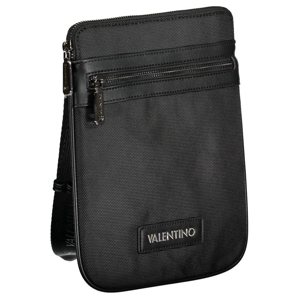 Valentino black polyester shoulder bag with adjustable strap, two external and internal pockets, zip closure, and logo detailing.