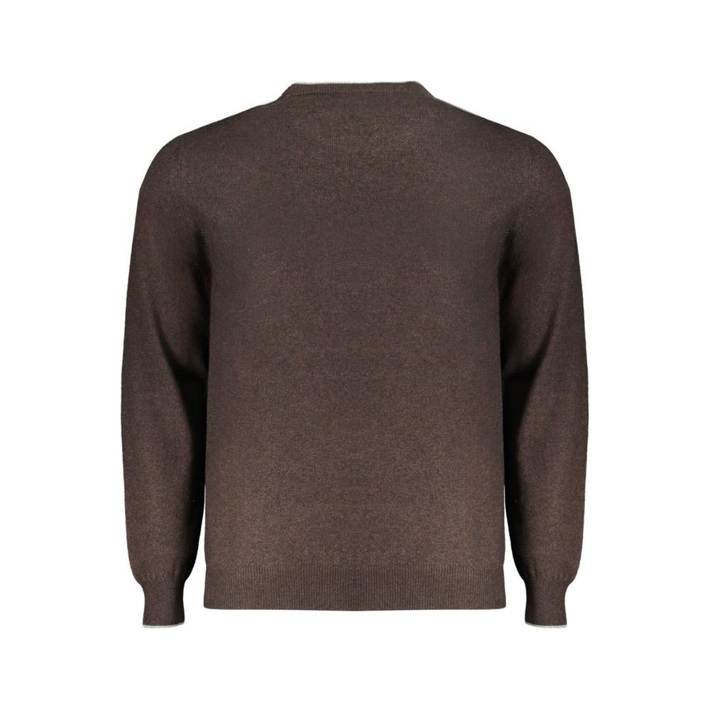 Back view of Harmont & Blaine Brown Cashmere Sweater, long-sleeved, crew neck jersey pullover with contrast details and logo embroidery.