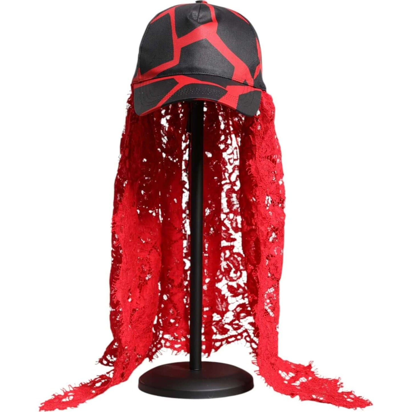 Dolce & Gabbana red black lace tulle cotton baseball cap with logo, showcasing intricate design and luxury craftsmanship, made in Italy.