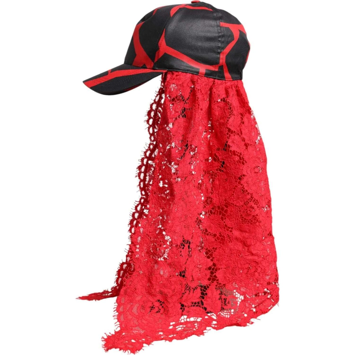 Dolce & Gabbana red black lace tulle baseball cap with logo, elegant women's hat made in Italy, 100% polyester.