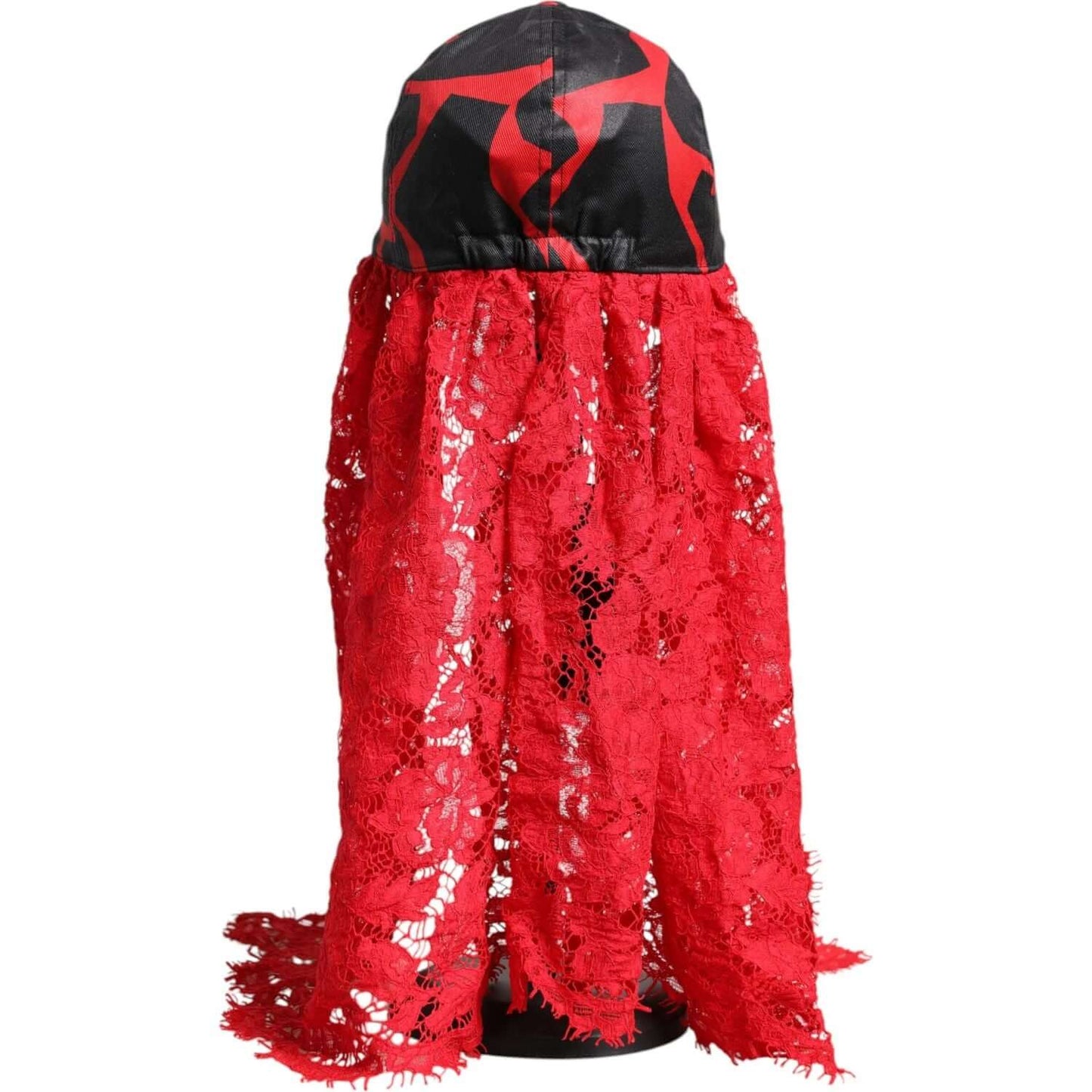 Dolce & Gabbana red black lace baseball cap with tulle, polyester material, logo details. Made in Italy. Fashionable women's accessory.