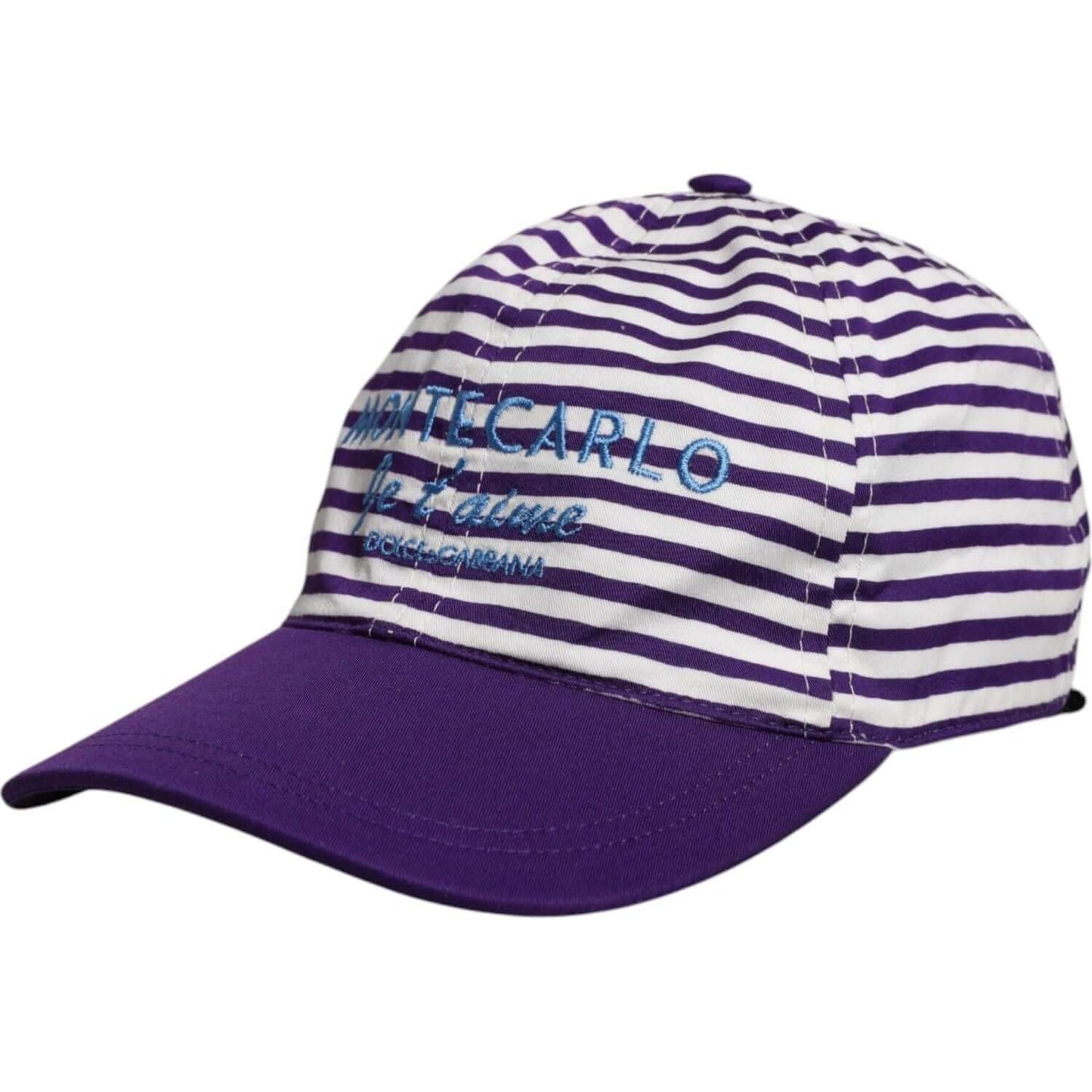 Dolce & Gabbana women's baseball cap, white and purple stripes, blue Monaco embroidery, cotton, elastane, logo detail, made in Italy.