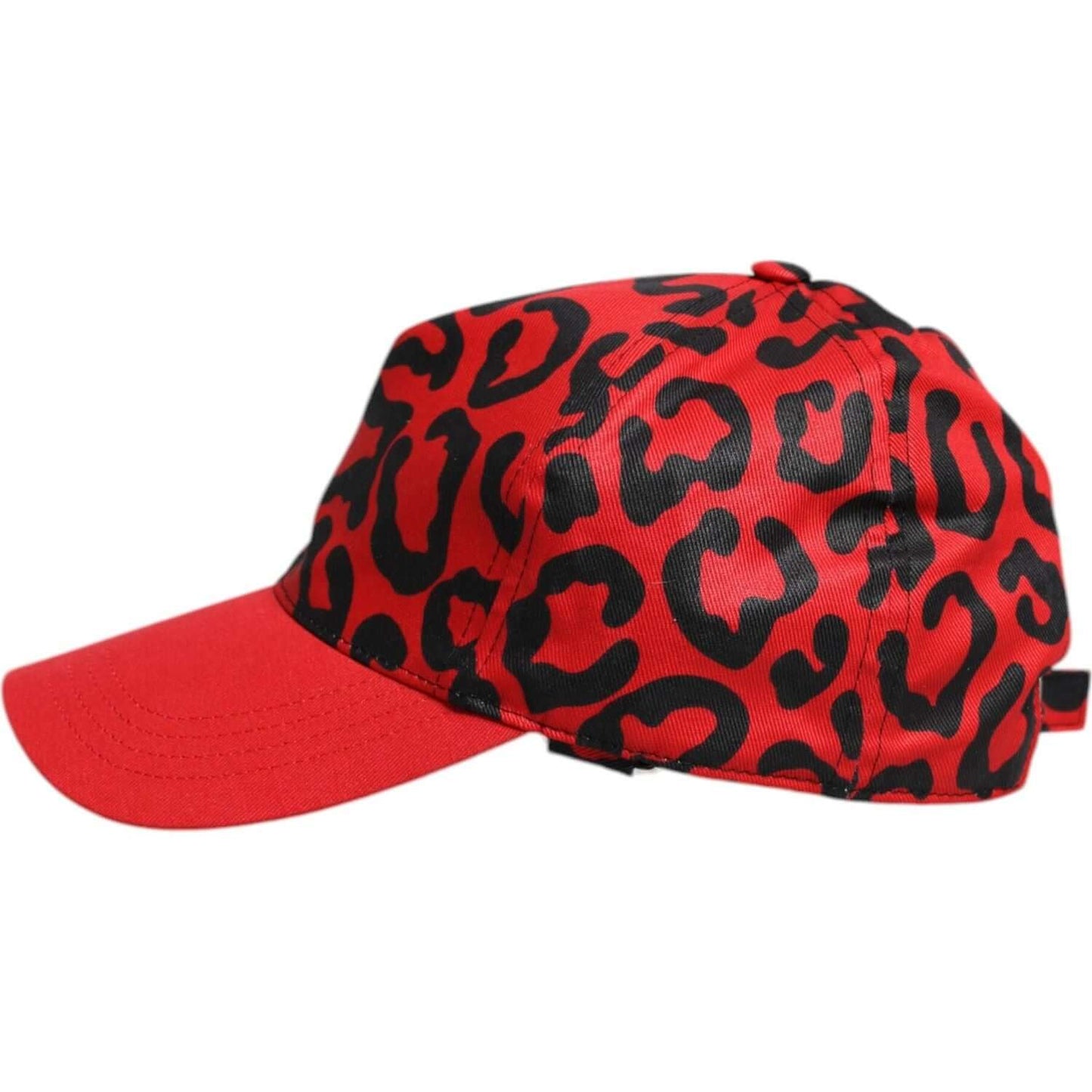 Dolce & Gabbana women's red cotton baseball cap with black leopard print, 6-panel design, 100% silk lining, made in Italy.