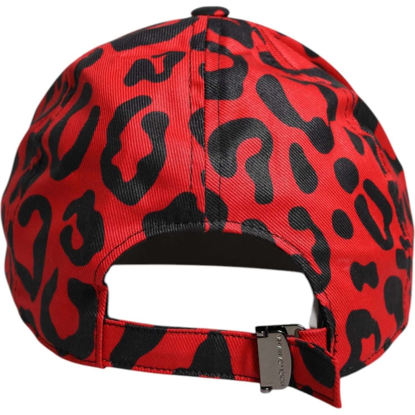 Dolce & Gabbana red cotton women’s baseball cap with leopard print, black accents, and adjustable strap, 100% silk lining, back view.