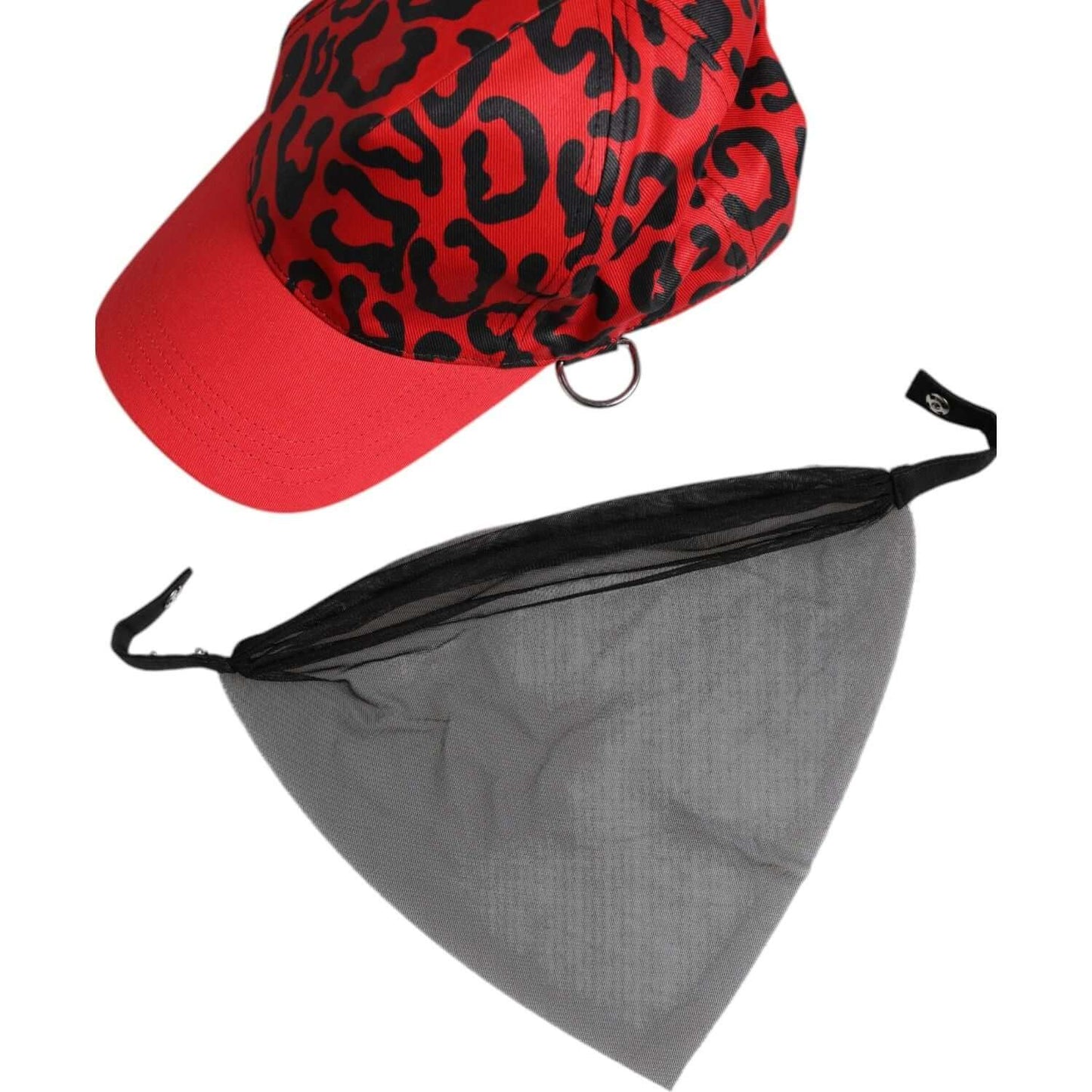 Dolce & Gabbana red cotton women's baseball cap with leopard print, 6 panels, and ring detail, made in Italy, shown with black fabric.