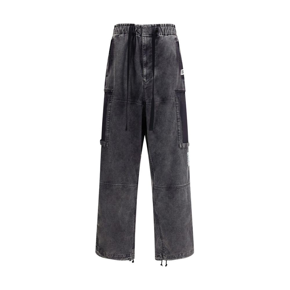 Maison Mihara Yasuhiro baggy cotton pants with adjustable drawstring waist, front zipper, and side monogram patch.