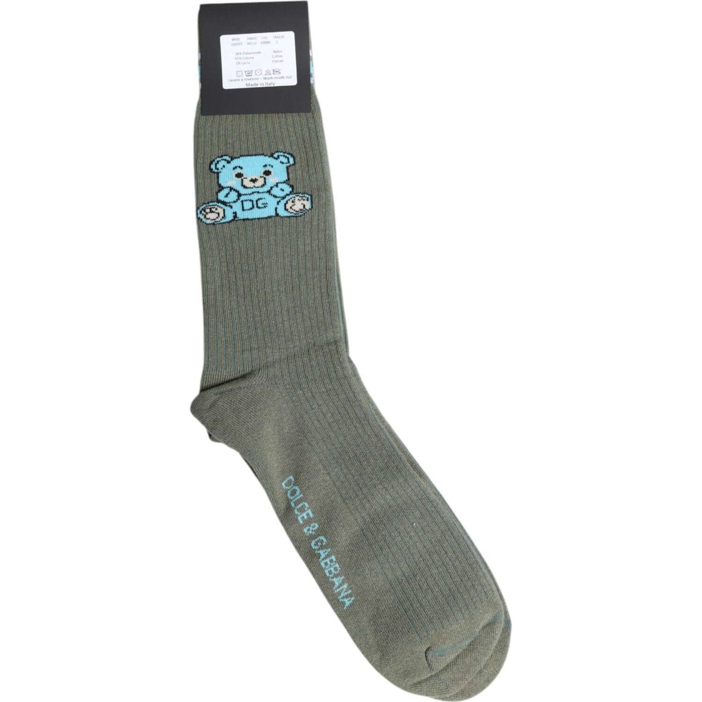 Dolce & Gabbana gray cotton mid calf socks with blue DG bear logo, perfect for men. High-quality Italian design, made from 61% cotton.