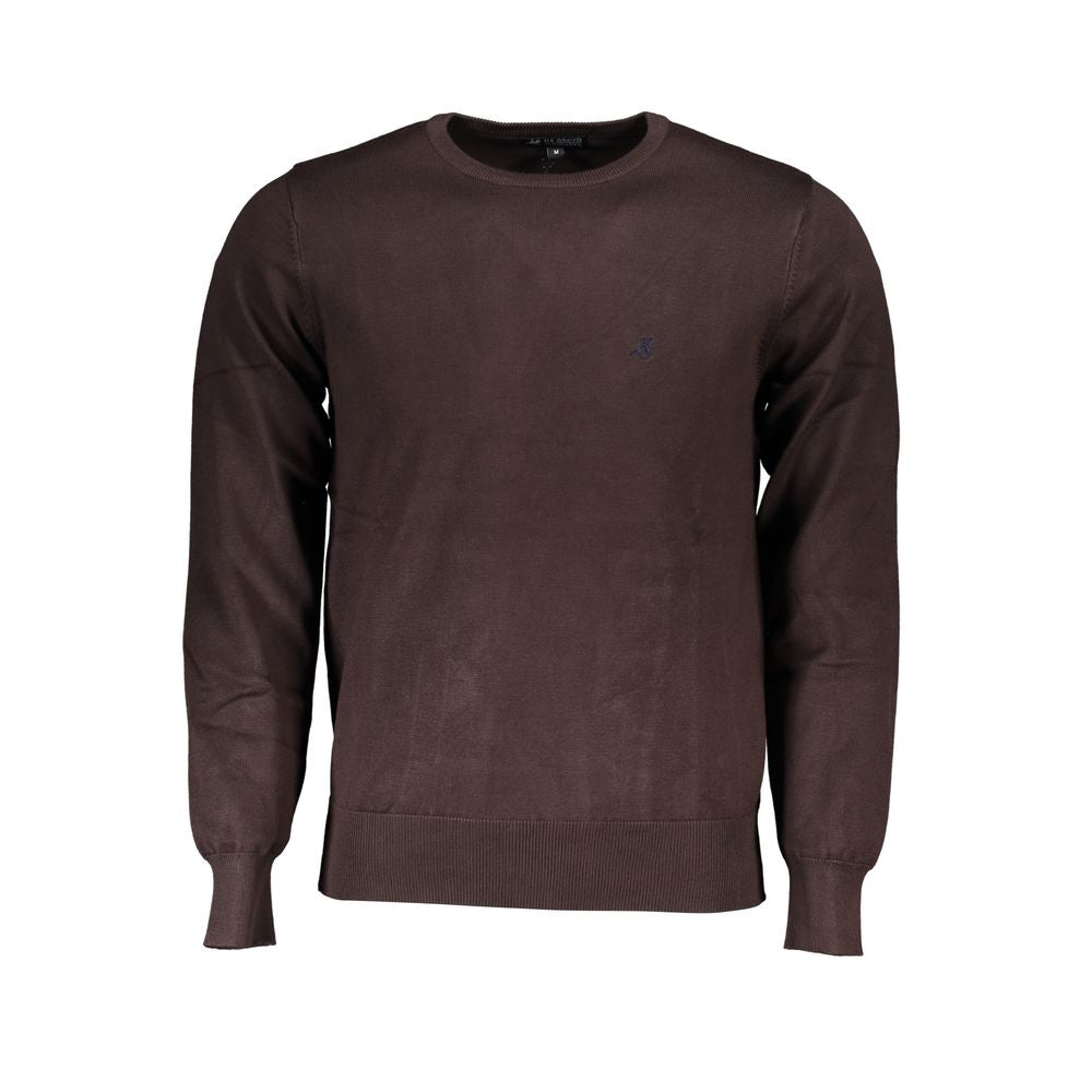U.S. Grand Polo brown nylon sweater with long sleeves, crew neck, and logo embroidery. Stylish and comfortable knitwear.