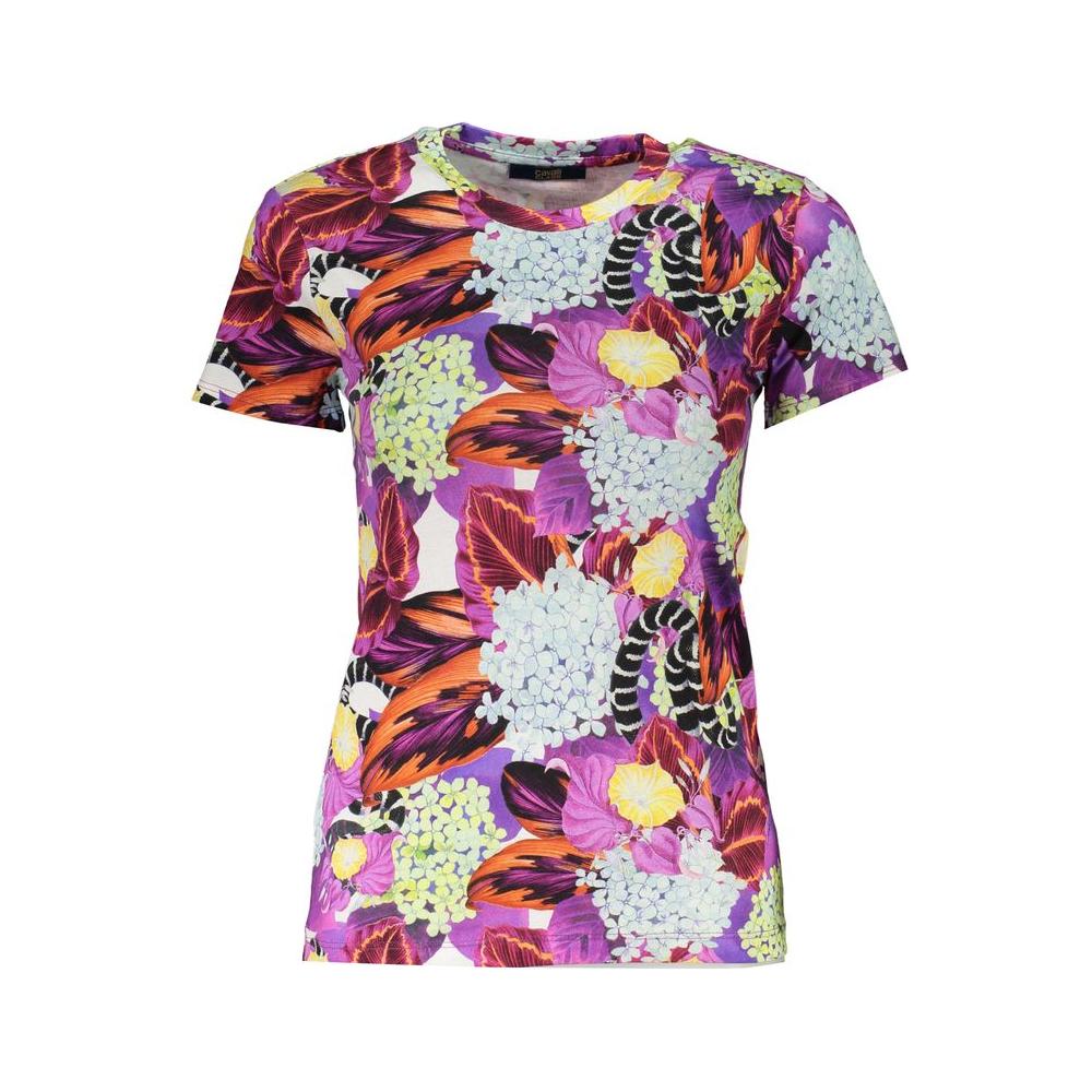 Cavalli Class purple floral pattern t-shirt with short sleeves and wide neck, featuring a vibrant design and subtle logo.