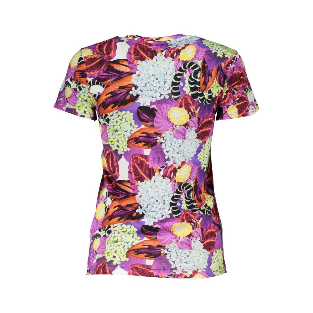 Cavalli Class purple cotton T-shirt with floral pattern, short sleeves, and wide neck, featuring brand logo.