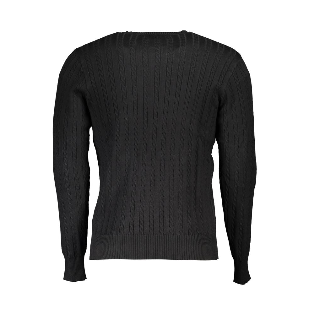 U.S. Grand Polo elegant black crew neck sweater with contrast details and exquisite embroidery, back view.