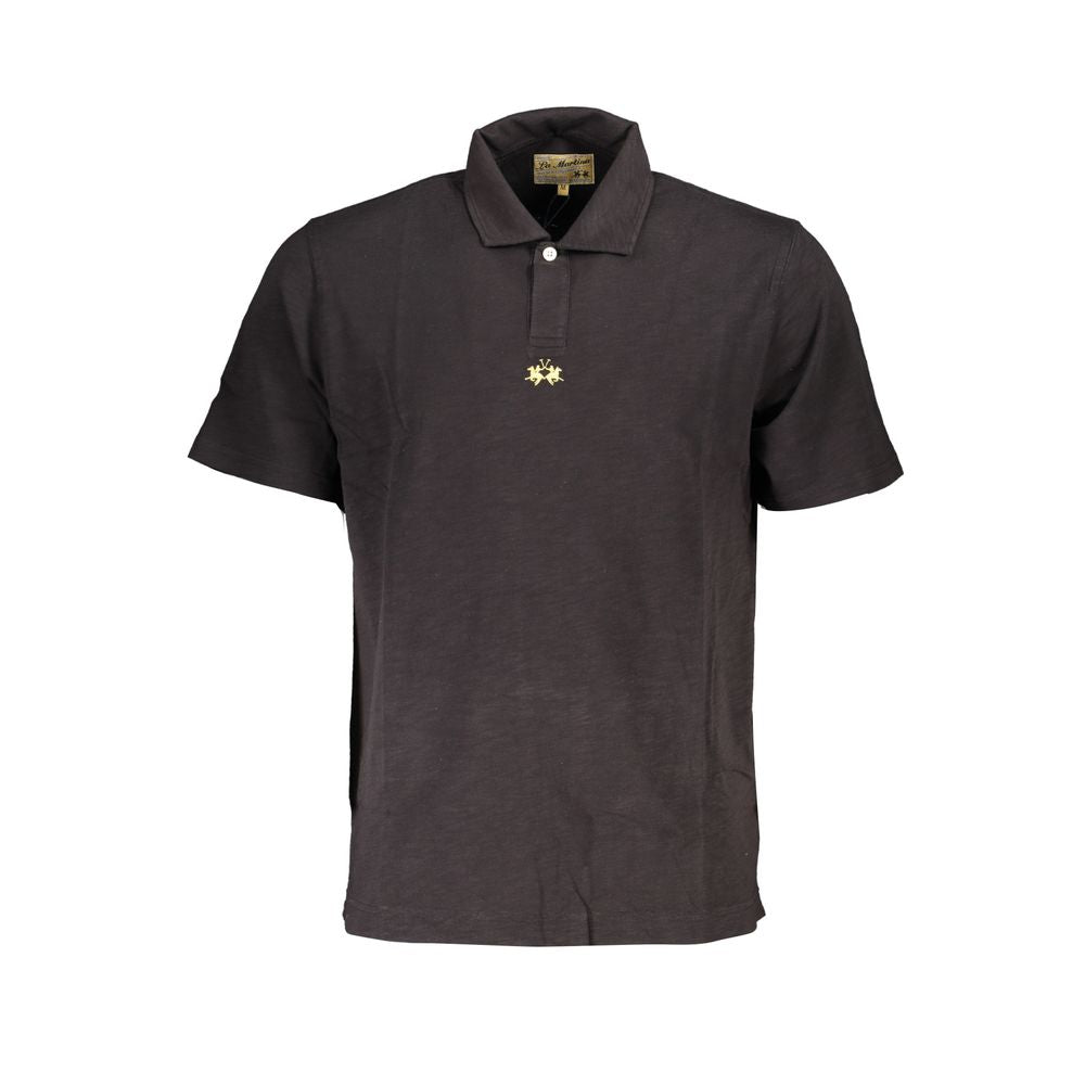 La Martina elegant black cotton polo shirt with iconic embroidery and single button, regular fit, 100% cotton for ultimate comfort.