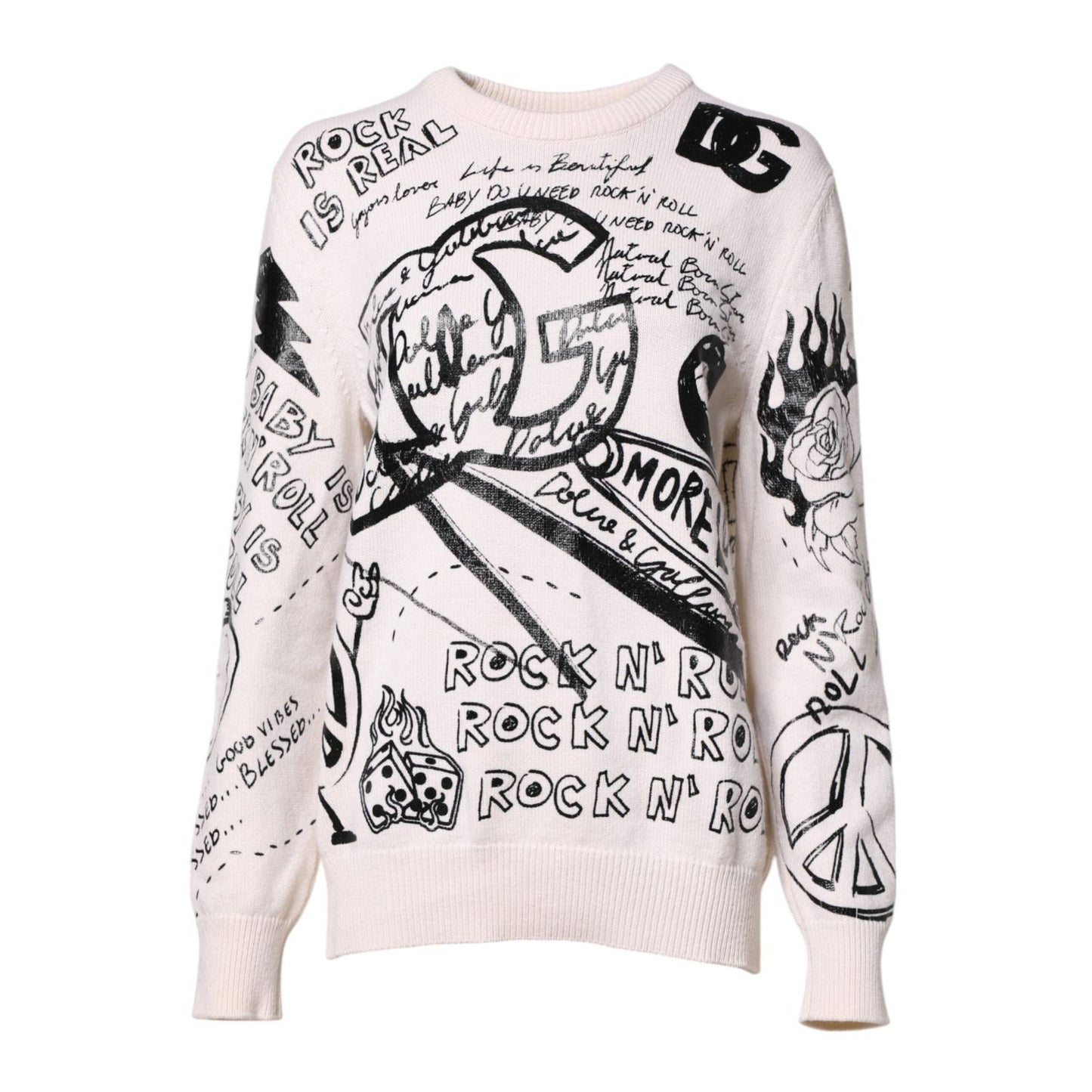 Dolce & Gabbana White Black Logo Print Women Pullover Sweater THS90373-40