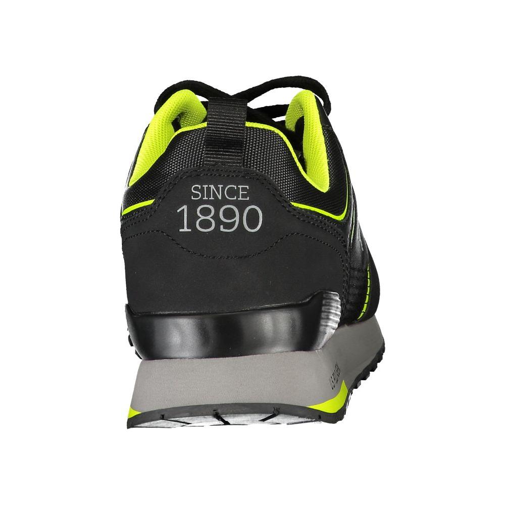 Back view of black U.S. POLO ASSN. sneakers with 'Since 1890' detail on heel, featuring sleek design and neon accents.