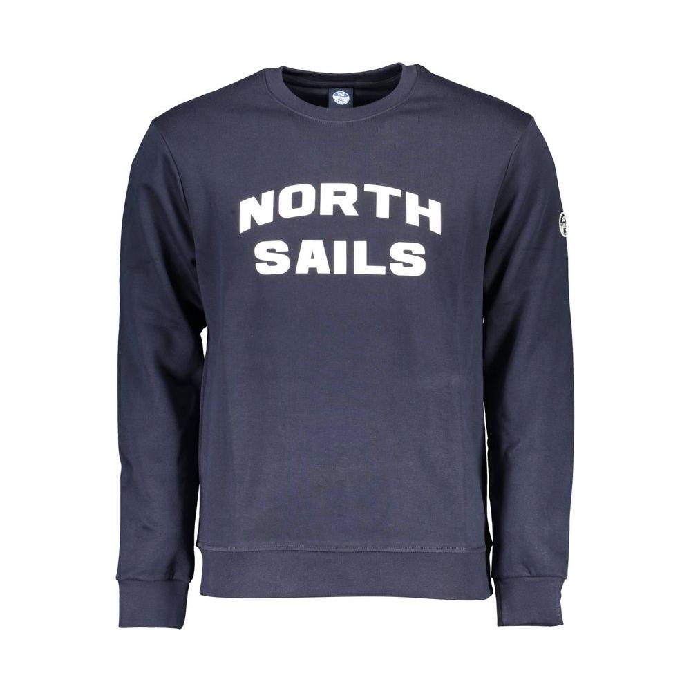 North Sails blue cotton men's sweater with long sleeves and round neck, featuring bold logo print on front. Ideal for casual wear.