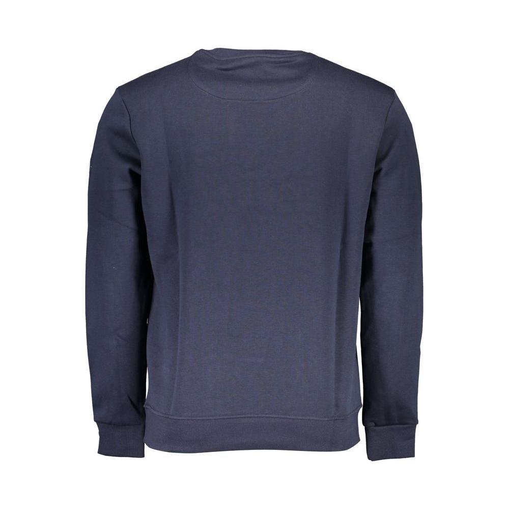 Back view of North Sails blue cotton men's sweater with long sleeves and classic round neck, showcasing simple, stylish design.