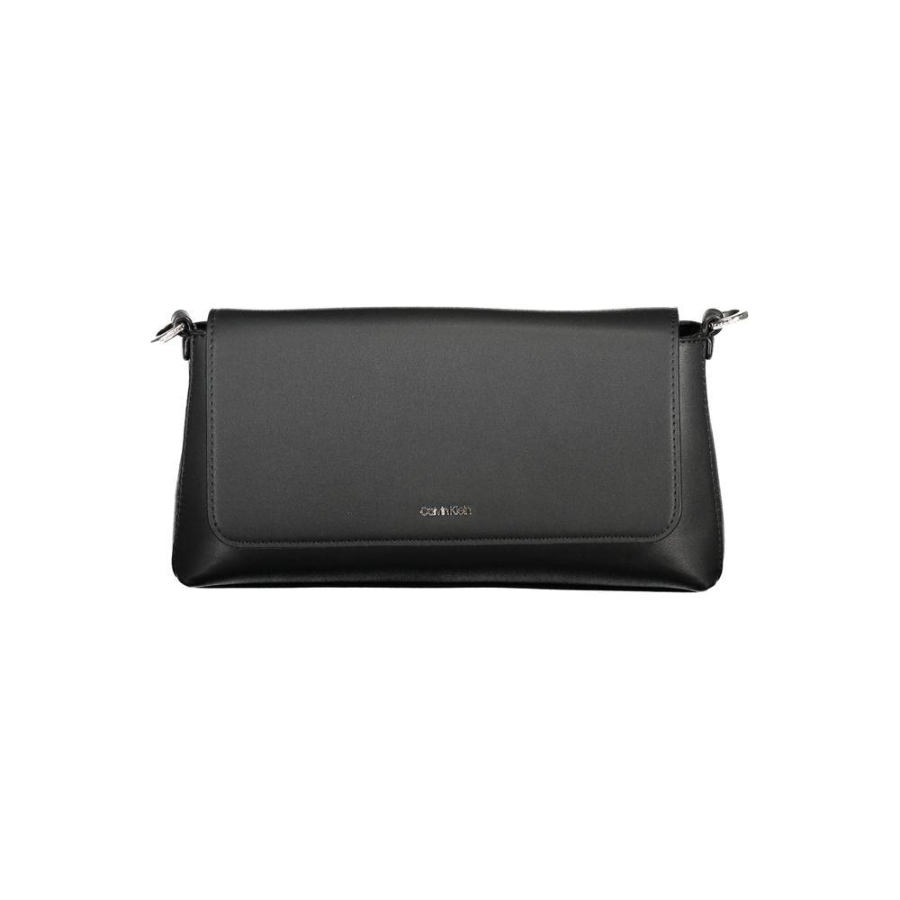 Calvin Klein black handbag with adjustable removable strap, internal card pockets, logo, Snap closure, 50% recycled polyester