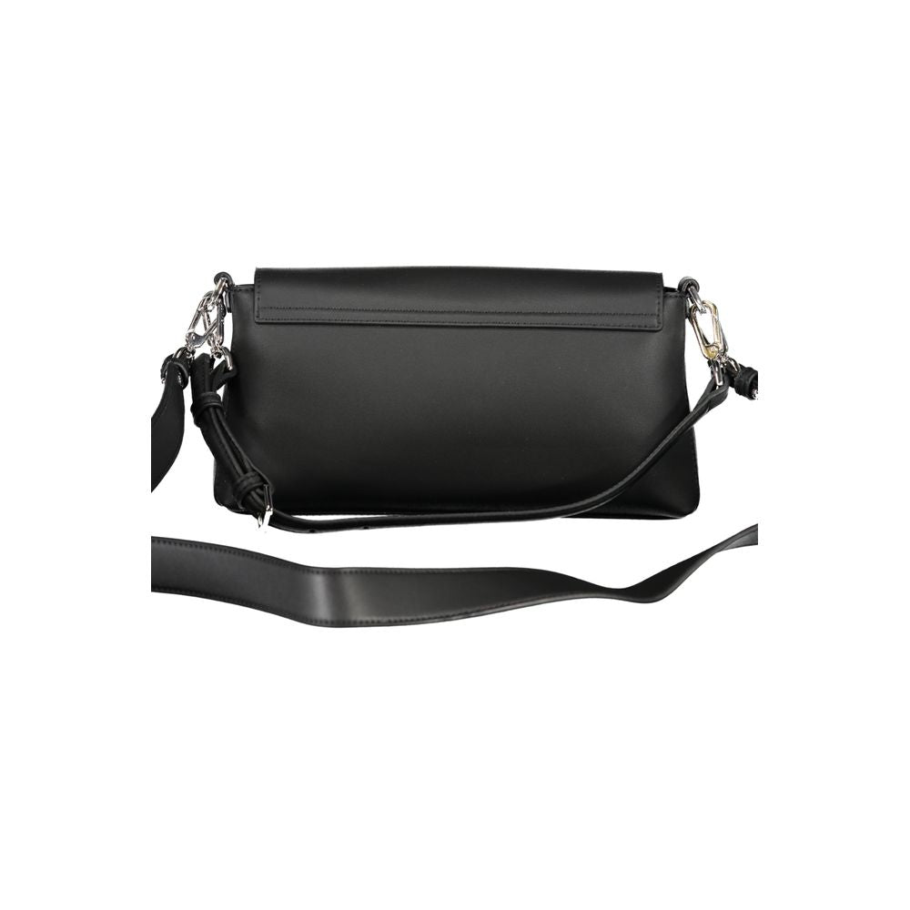 Calvin Klein black handbag with adjustable strap, logo, snap closure, and internal pockets, made of 50% recycled polyester.